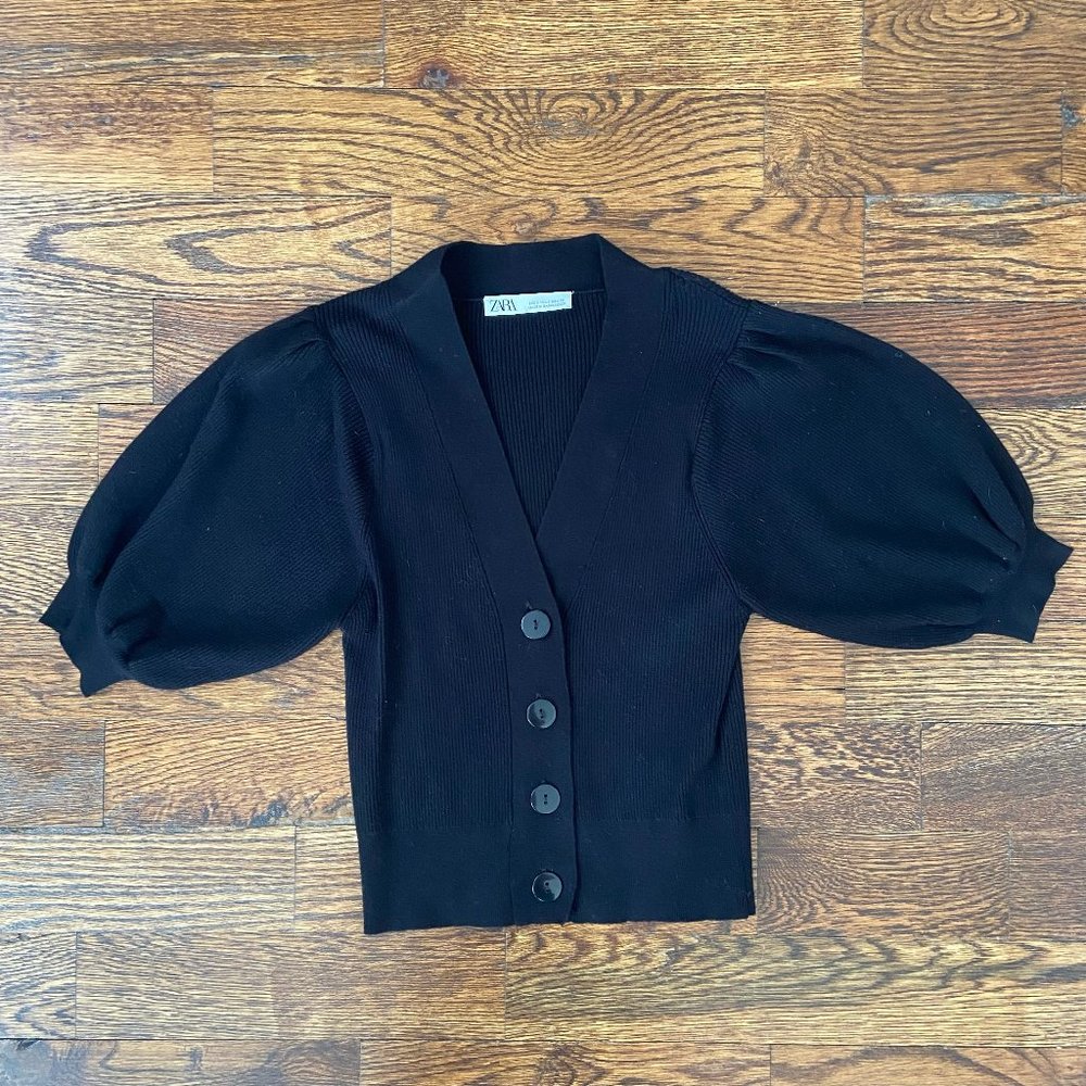 Zara Cropped Puff Short Sleeve Ribbed Cardigan Sweater